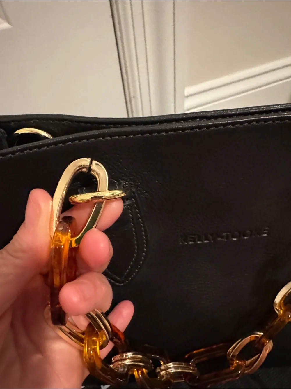 Kelly -Tooke Black Leather Shoulder Bag with Gold Chain Accent